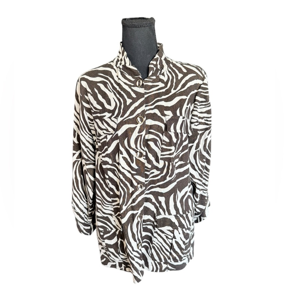 Chico’s Zebra Print Jacket Linen Size 2 Brown Ivory Animal Print Safari Chic